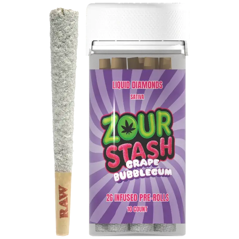 Zour Stash 10ct 2g Grape Bubblegum Sativa Liquid Diamonds Prerolls